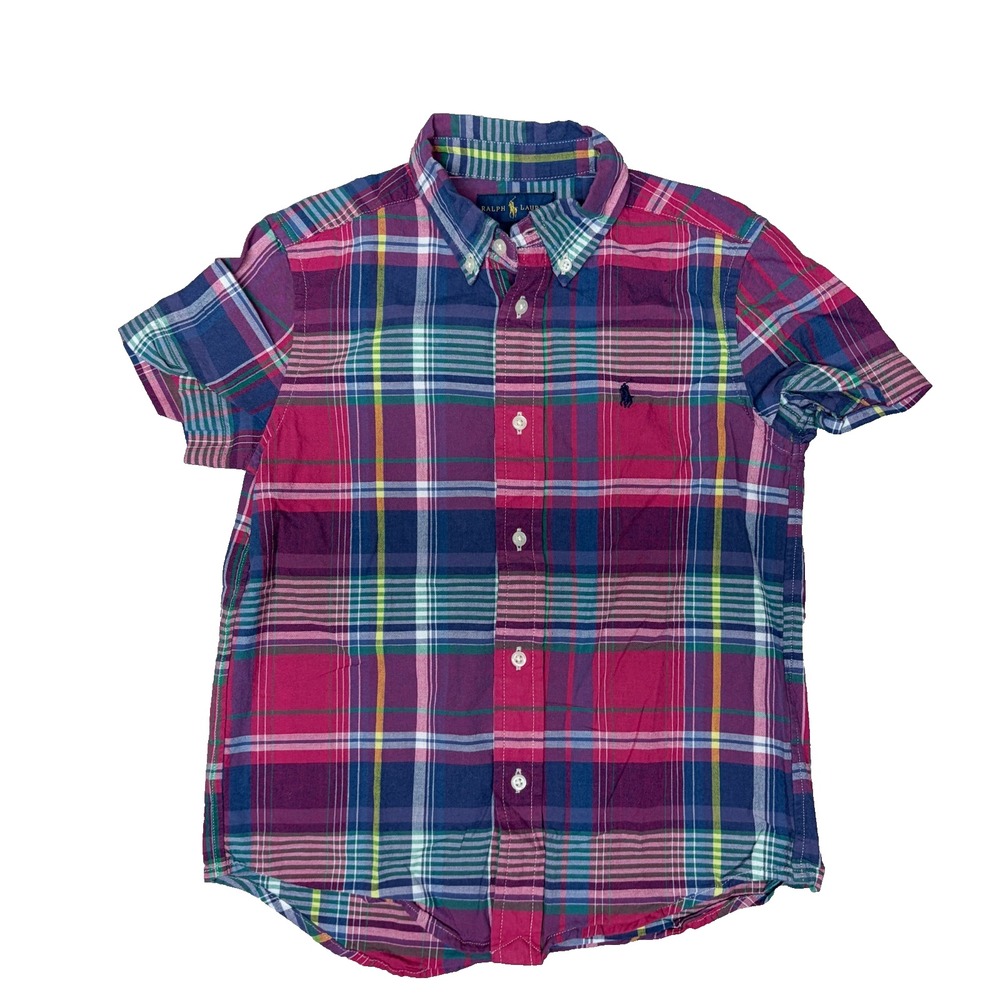 Ralph Lauren Boys Madras Plaid Short Sleeve Button Down Shirt Size 7 Preppy